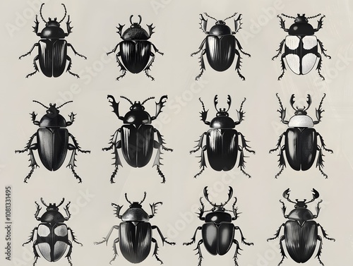 Collection of black and white beetle illustrations in various photo