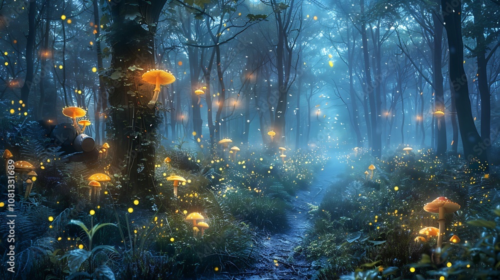 A mystical forest scene illuminated by glowing mushrooms and fireflies, creating a serene and enchanting atmosphere. A mystical forest scene illuminated by glowing mushrooms and fireflies, creating a serene and enchanting atmosphere.