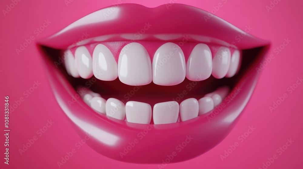 Naklejka premium Close up view of a woman s smiling mouth displaying bright white teeth against a solid pink background ideal for dental advertisements or beauty promotions