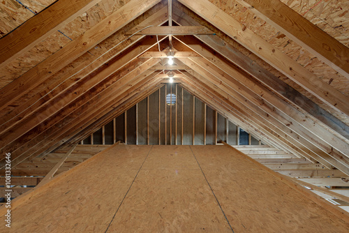 Unfinished Attic Space With Exposed Wooden Beams.