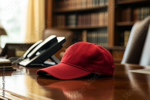  Red Baseball Cap on an Office Desk with Telephone and Bookshelves in Background photo