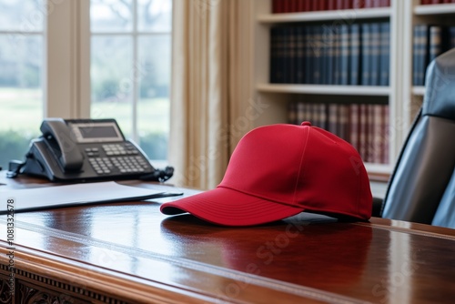  Red Baseball Cap on an Office Desk with Telephone and Bookshelves in Background