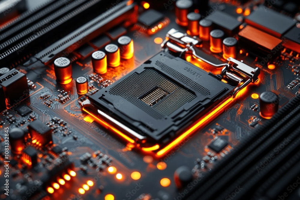 Close-up view of a computer motherboard with a glowing CPU socket. Close-up view of a computer motherboard with a glowing CPU socket.