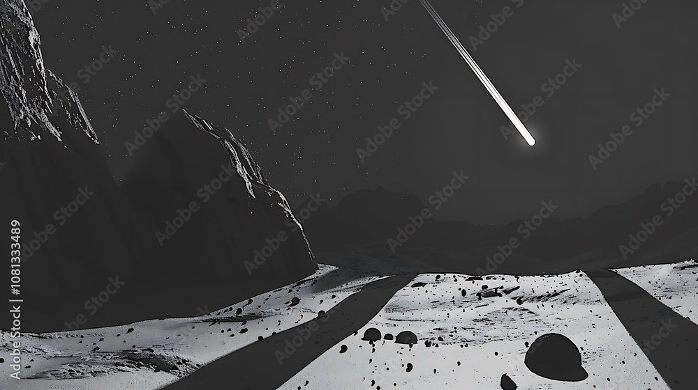 Obraz premium A surreal landscape featuring rocky terrain under a starry sky with a bright comet streaking across.