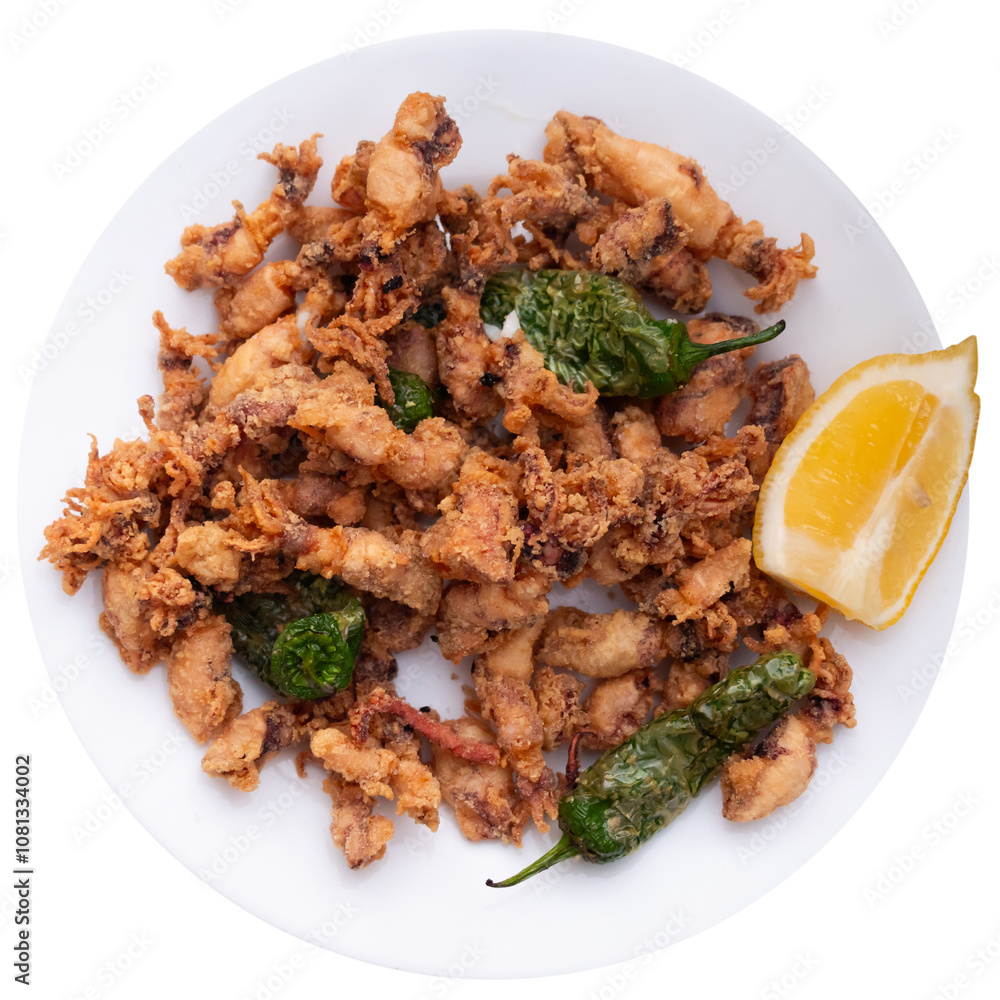 Plate is filled with fried squid carcasses, whole cooked shellfish seafood and baked green pepper. Isolated over white background Plate is filled with fried squid carcasses, whole cooked shellfish seafood and baked green pepper. Isolated over white background