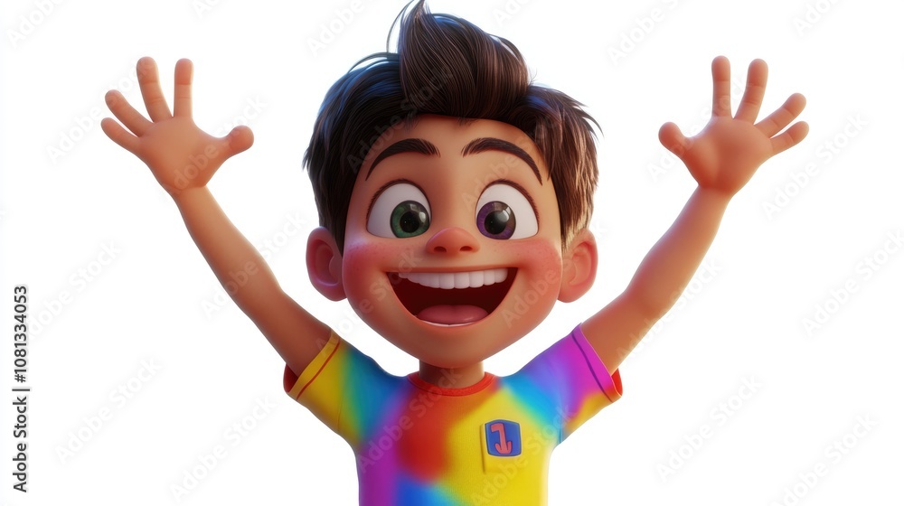 Happy boy wearing a colorful T shirt against a white background capturing joyful moments of childhood Happy boy wearing a colorful T shirt against a white background capturing joyful moments of childhood