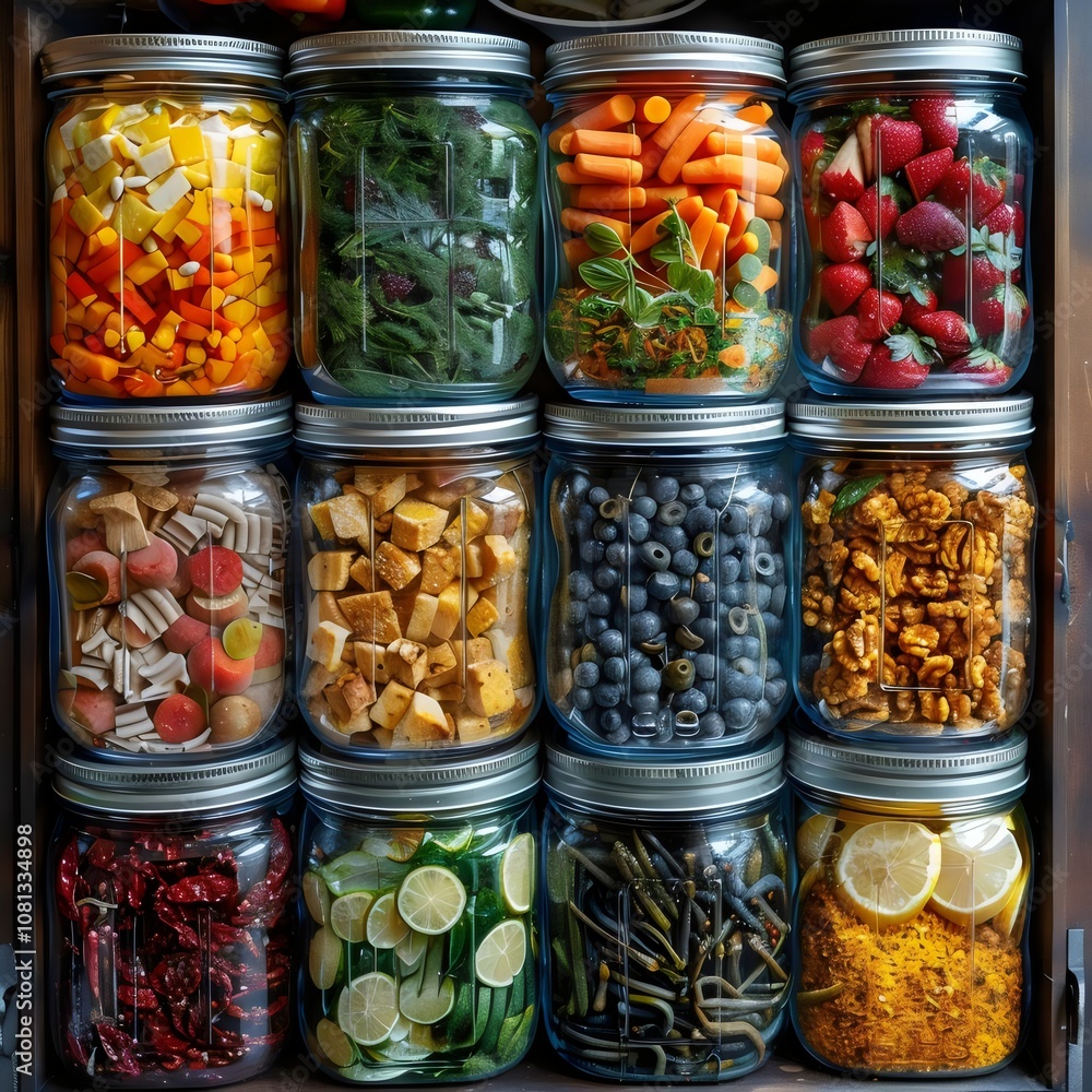A row of mason jars filled with various fruits and vegetables A row of mason jars filled with various fruits and vegetables