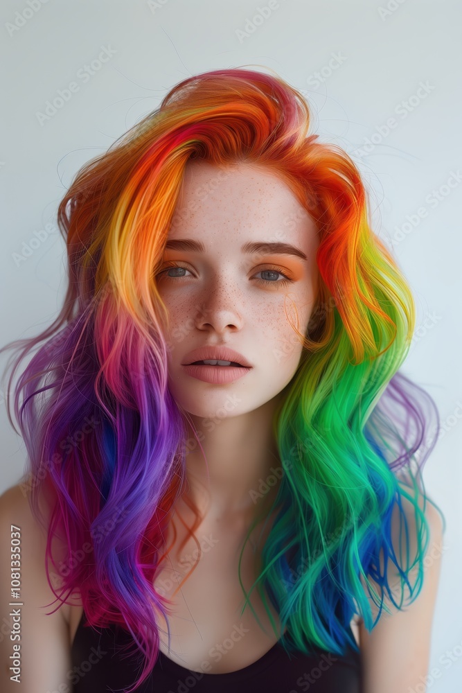A captivating woman with striking rainbow-colored hair stands confidently, her colorful locks framing her face beautifully while highlighting her charming features and vibrant expression A captivating woman with striking rainbow-colored hair stands confidently, her colorful locks framing her face beautifully while highlighting her charming features and vibrant expression