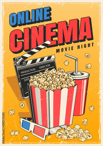 Cinema poster with popcorn and clapper