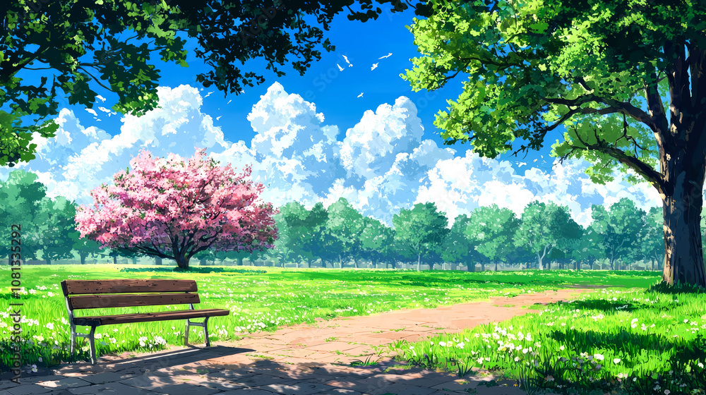 A wooden bench sits in a grassy park with a path leading to a blooming cherry tree. A wooden bench sits in a grassy park with a path leading to a blooming cherry tree.