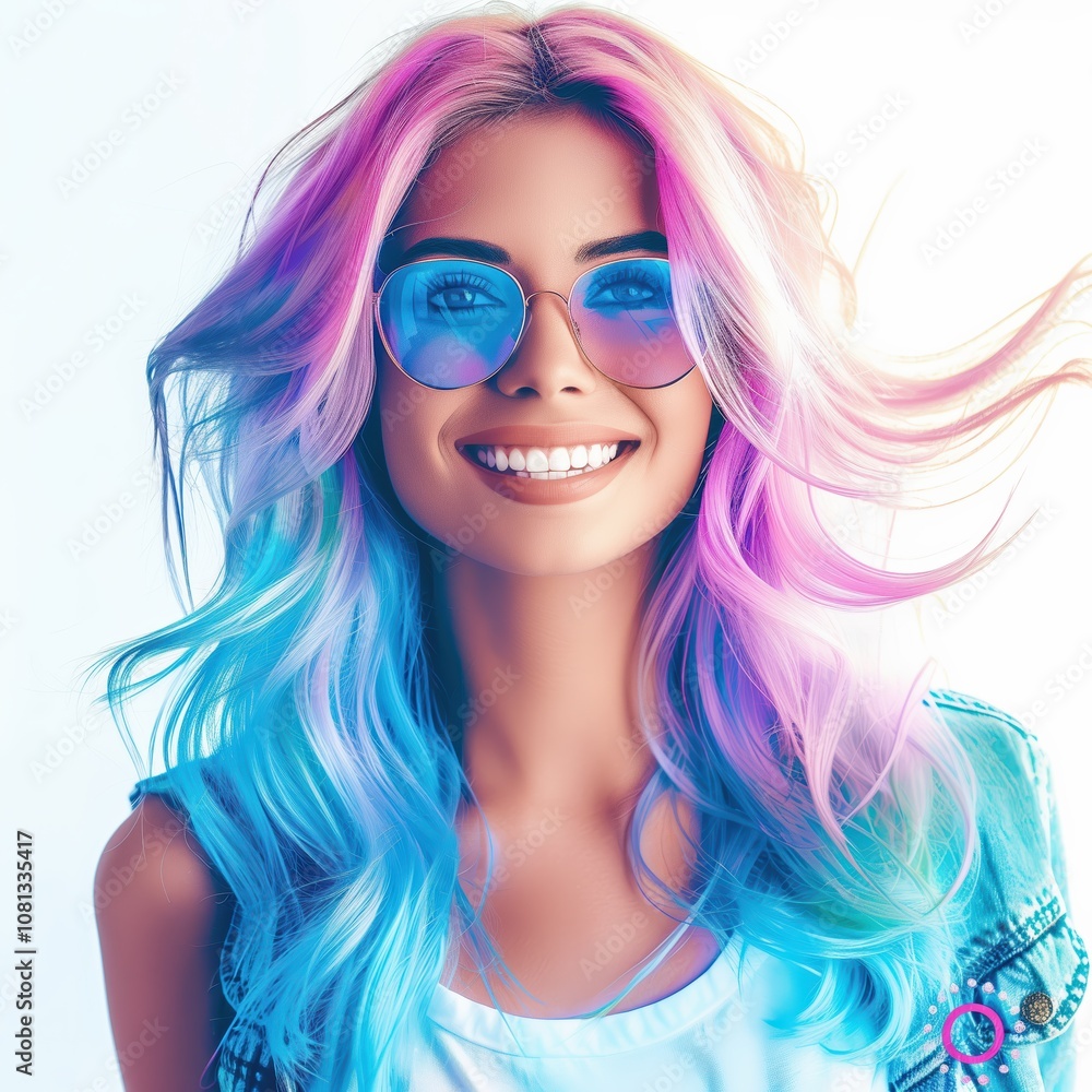 A young woman smiles brightly, showcasing her colorful pink and blue hair. She wears trendy sunglasses, emanating a joyful and carefree vibe in a vibrant setting A young woman smiles brightly, showcasing her colorful pink and blue hair. She wears trendy sunglasses, emanating a joyful and carefree vibe in a vibrant setting