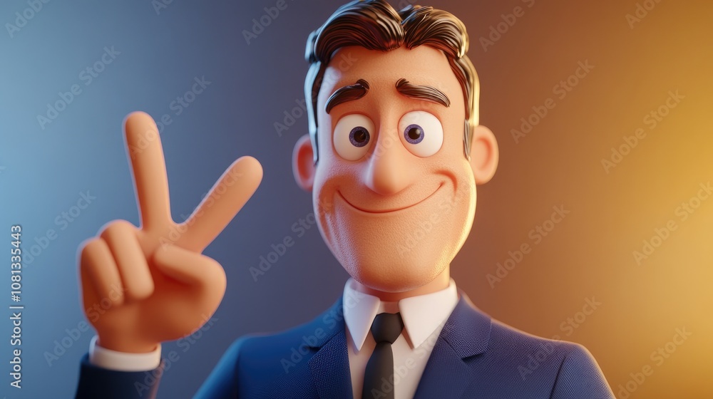 Confident businessman in a navy suit making an OK sign while presenting ideal for corporate promotions and motivational content Confident businessman in a navy suit making an OK sign while presenting ideal for corporate promotions and motivational content