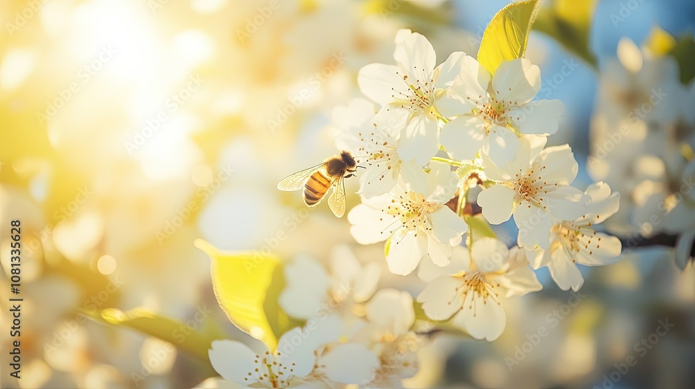 Bee Pollinating Blossoms in Soft Morning Light Bee Pollinating Blossoms in Soft Morning Light