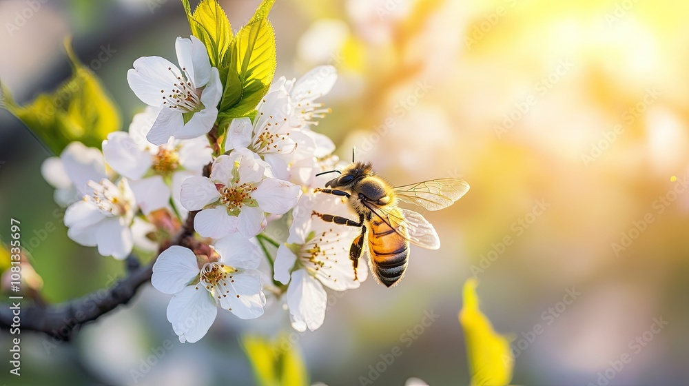 Bee Pollinating Blossom in Soft Morning Light Bee Pollinating Blossom in Soft Morning Light