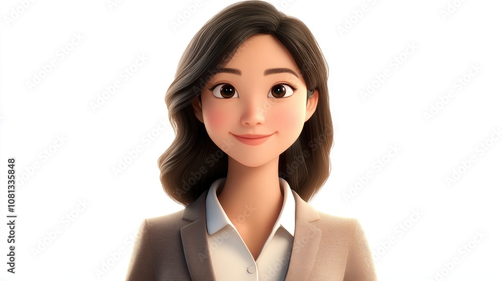Happy young Asian businesswoman in casual suit posing confidently against a clean white background Happy young Asian businesswoman in casual suit posing confidently against a clean white background