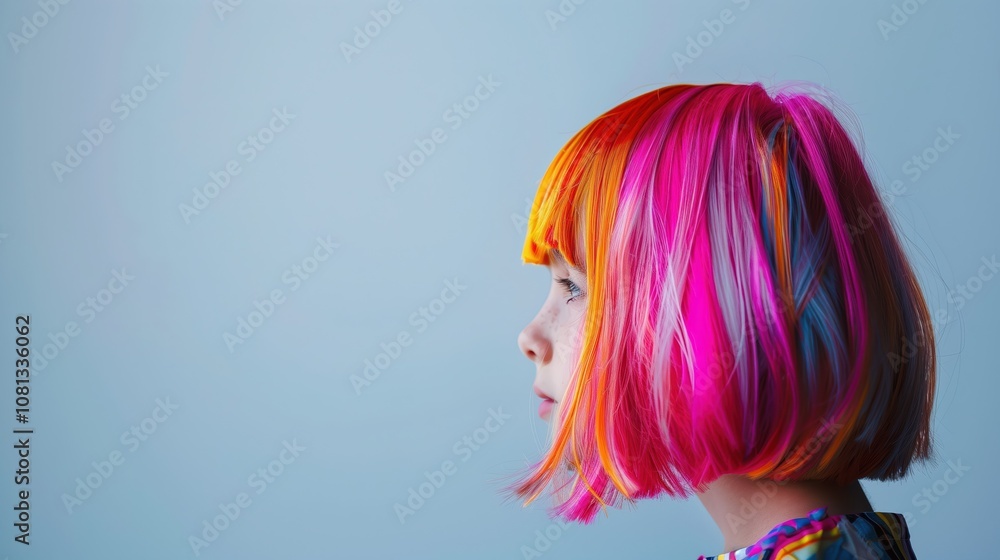 Naklejka premium The girl showcases her stunning neon-colored hair, blending shades of pink, orange, and blue while reflecting a moment of curiosity and wonder