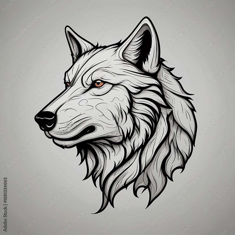 Naklejka premium Wolf head icon, front angle, black and white, sillhoute, simple line art, design, drawing, illustration, with details of shadow and highlight.