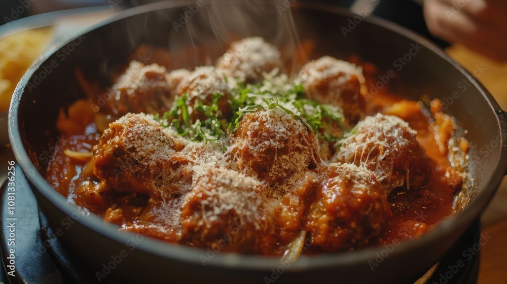 Chicken meatballs simmering in marinara sauce, sprinkled with Parmesan cheese, warm and cozy setting Chicken meatballs simmering in marinara sauce, sprinkled with Parmesan cheese, warm and cozy setting