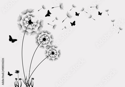 Vector illustration dandelion seed blowing in the wind.