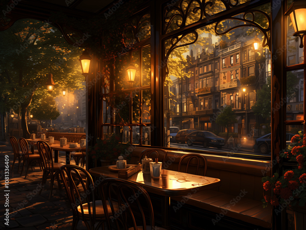 Obraz premium Elegant café interior with outdoor seating and warm evening light illuminating the urban streets