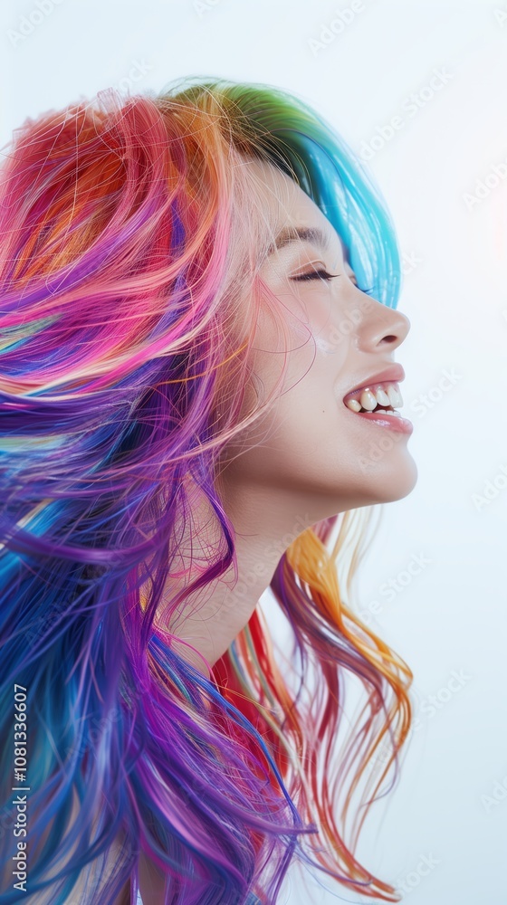 A woman is smiling widely, showcasing her colorful, flowing hair. The striking blend of vibrant hues creates a lively atmosphere, radiating joy and energy A woman is smiling widely, showcasing her colorful, flowing hair. The striking blend of vibrant hues creates a lively atmosphere, radiating joy and energy