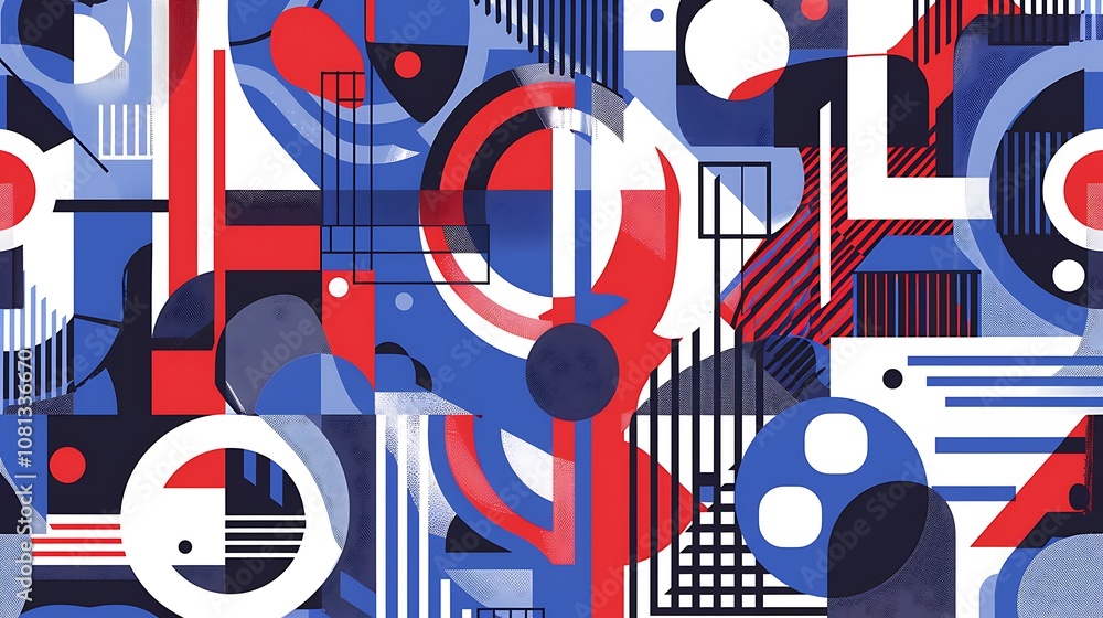 Obraz premium Abstract geometric design featuring shapes and patterns in red, blue, and white.