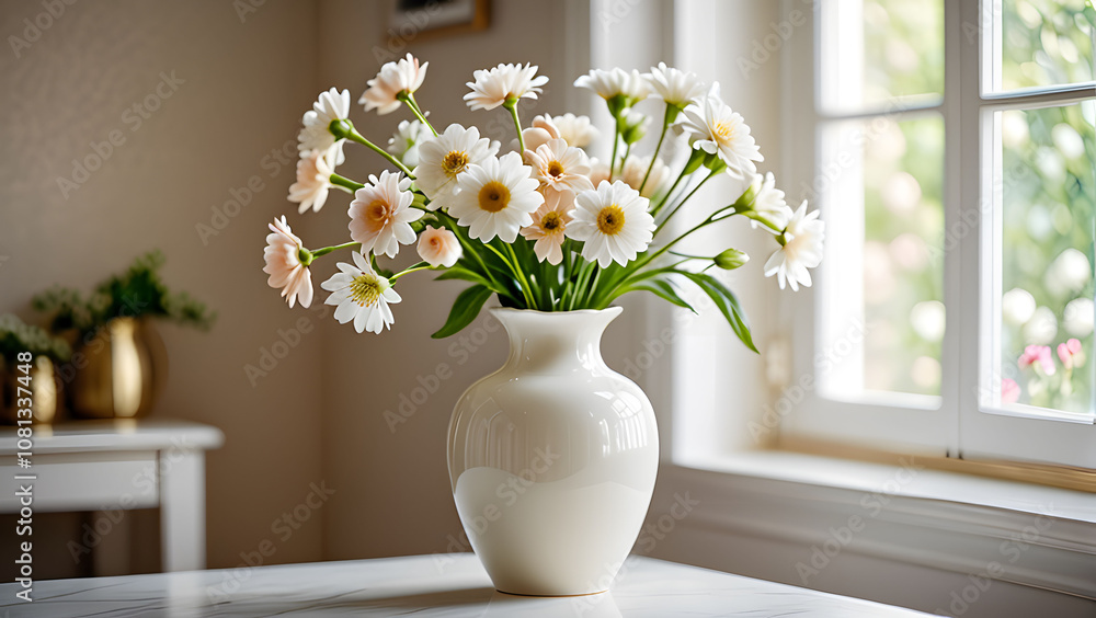 Classic white ceramic vase, pastel flowers, airy and light-filled interior space. Classic white ceramic vase, pastel flowers, airy and light-filled interior space.