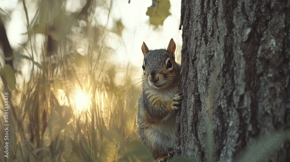 Squirrel Peeking from Tree at Sunset Squirrel Peeking from Tree at Sunset