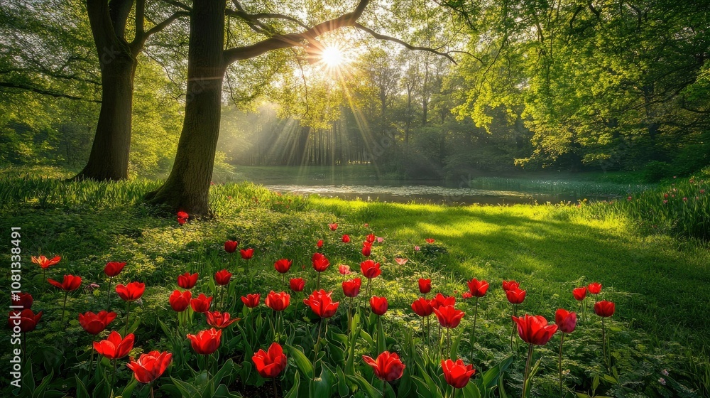 Serene Landscape with Red Tulips and Sunlight Rays Serene Landscape with Red Tulips and Sunlight Rays