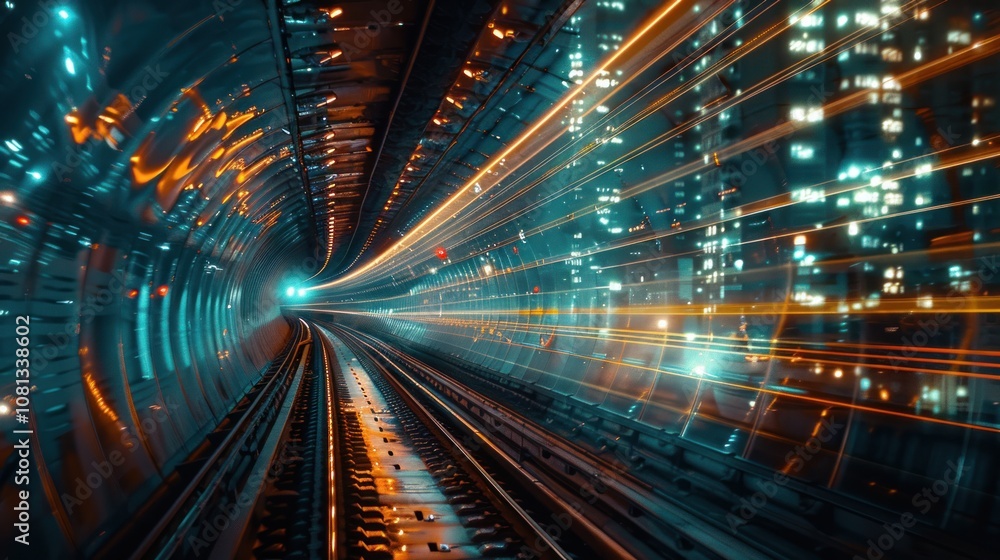 A long exposure shot of a train track inside a tunnel with streaks of light from passing trains, creating a sense of speed and movement. A long exposure shot of a train track inside a tunnel with streaks of light from passing trains, creating a sense of speed and movement.