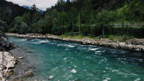 rone flight over river with strong current