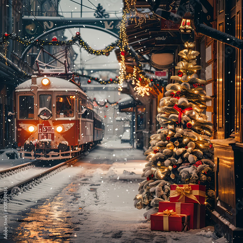 A city street is decorated for Christmas, a train with bright lights is driving in the distance
