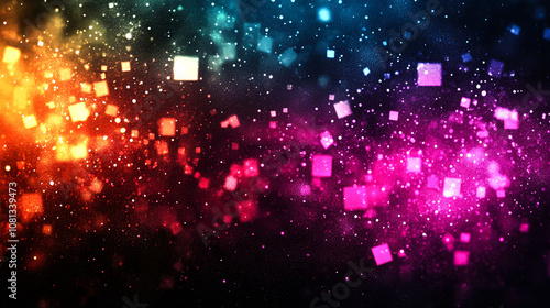 Abstract colorful glowing background with square bokeh.