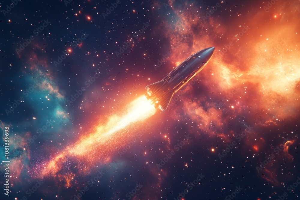 A silver rocket ship blasts off into space, leaving a trail of fire and smoke against a backdrop of bright stars and nebulas. A silver rocket ship blasts off into space, leaving a trail of fire and smoke against a backdrop of bright stars and nebulas.