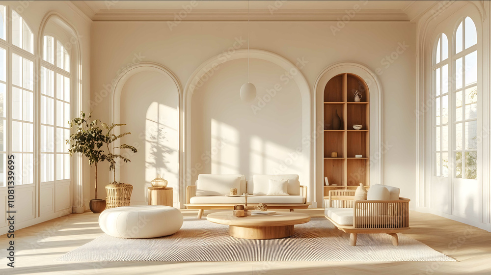 A FRONTAL EYE LEVEL INTERIOR VIEW OF AN EMPTY LIVING ROOM WITH ARCHITECTURE IN WARM NORDIC STYLE A FRONTAL EYE LEVEL INTERIOR VIEW OF AN EMPTY LIVING ROOM WITH ARCHITECTURE IN WARM NORDIC STYLE