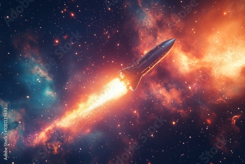 Wallpaper Mural A silver rocket ship blasts off into space, leaving a trail of fire and smoke against a backdrop of bright stars and nebulas. Torontodigital.ca