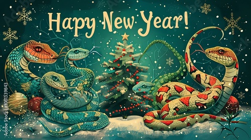 Symbol of 2025, snake dancing near Christmas tree. Happy new year inscription