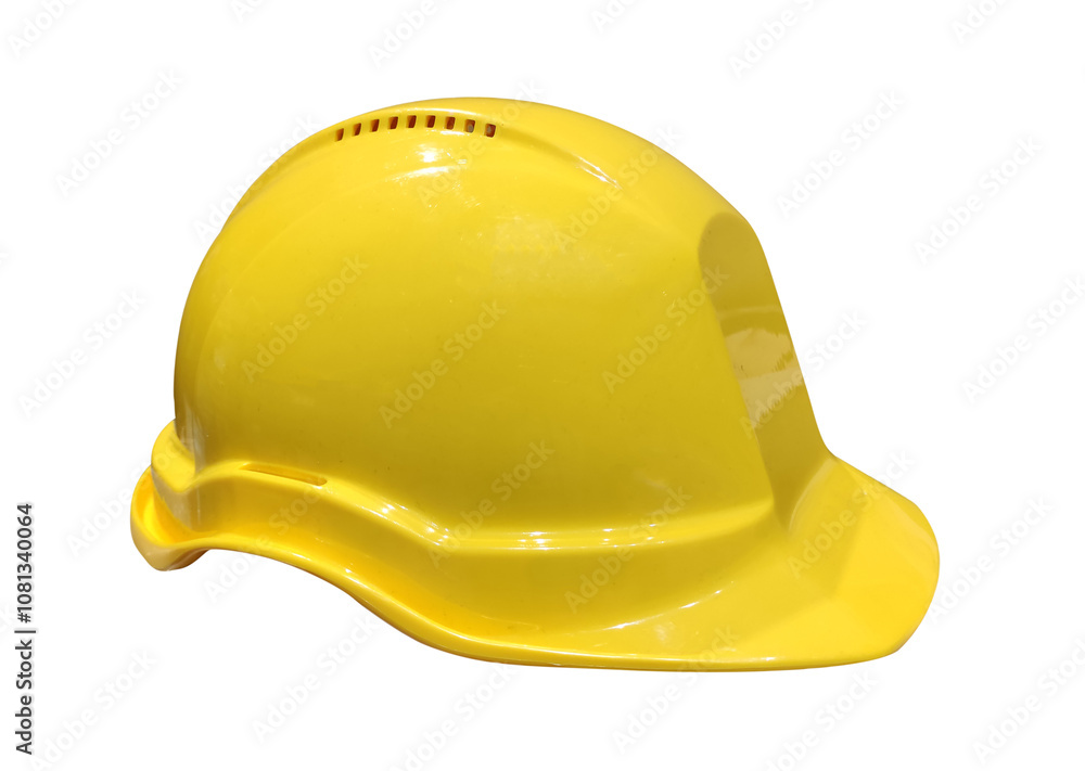 Fototapeta premium Yellow plastic helmet, safety headgear in construction, manufacturing, factory, plant, harbour, Work on forklift, brightly coloured uniform.