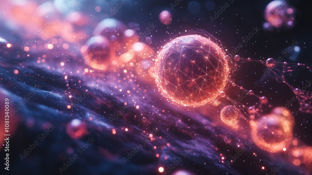 Fototapeta premium Abstract digital artwork featuring a glowing red sphere with connected lines and smaller orbs, set against a dark blue and purple background with a glittery effect.