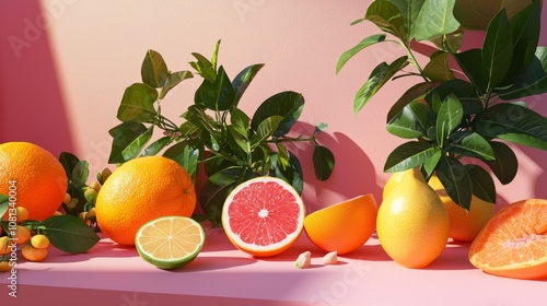 Fototapeta Naklejka Na Ścianę i Meble -  Assorted citrus fruits with pink backdrop and greenery