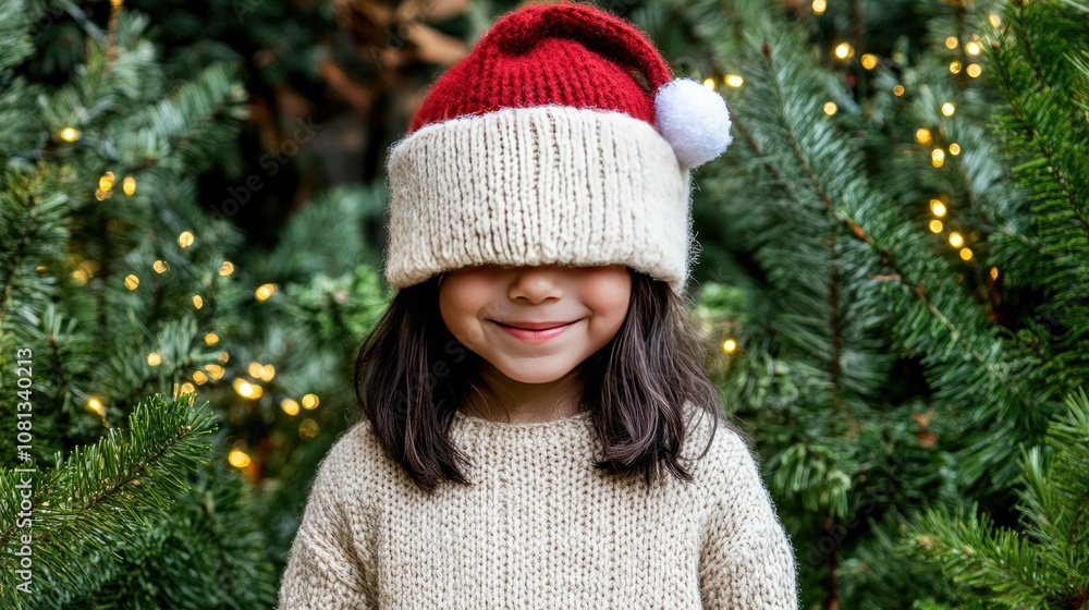 Happy Child Wearing Santa Hat Among Christmas Trees Happy Child Wearing Santa Hat Among Christmas Trees