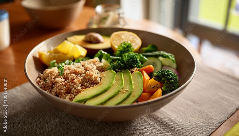 Vegan Buddha Bowl Filled With Fresh Vegetables, Quinoa, Avocado, and a Tangy Lemon Dressing, Plated Beautifully in a Minimalist Home Kitchen Setting Vegan Buddha Bowl Filled With Fresh Vegetables, Quinoa, Avocado, and a Tangy Lemon Dressing, Plated Beautifully in a Minimalist Home Kitchen Setting