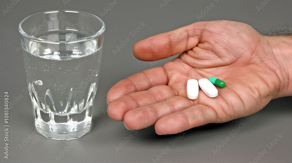 A person holds  medical pills in the right hand, with a half-full glass of water in the left.