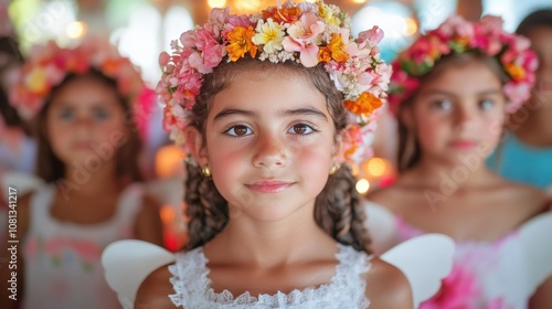 Young girls with flower crowns and angelic costumes participate in a religious procession for Virgin of Caacupé Day, reflecting devotion and cultural pride in Paraguayan tradition.