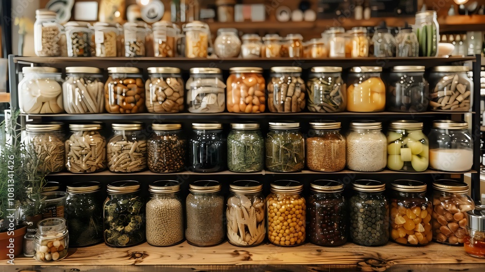 A shelf full of jars with various food items in them A shelf full of jars with various food items in them