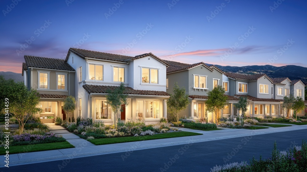Modern Homes in Evening Light with Lush Landscaping Modern Homes in Evening Light with Lush Landscaping