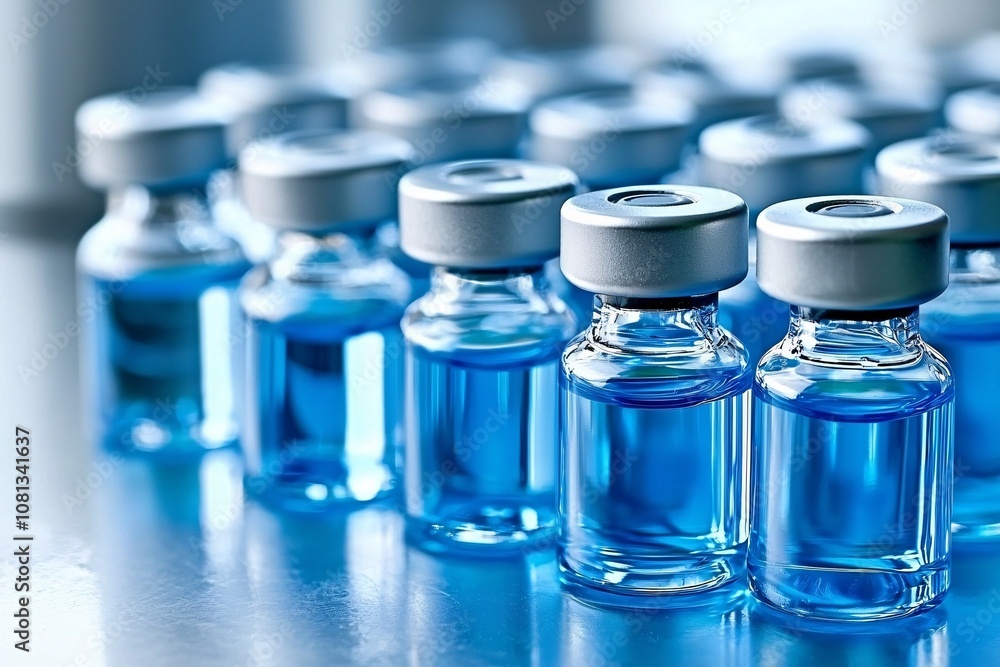 Closeup of Blue Liquid in Glass Vials on a Reflective Surface Closeup of Blue Liquid in Glass Vials on a Reflective Surface