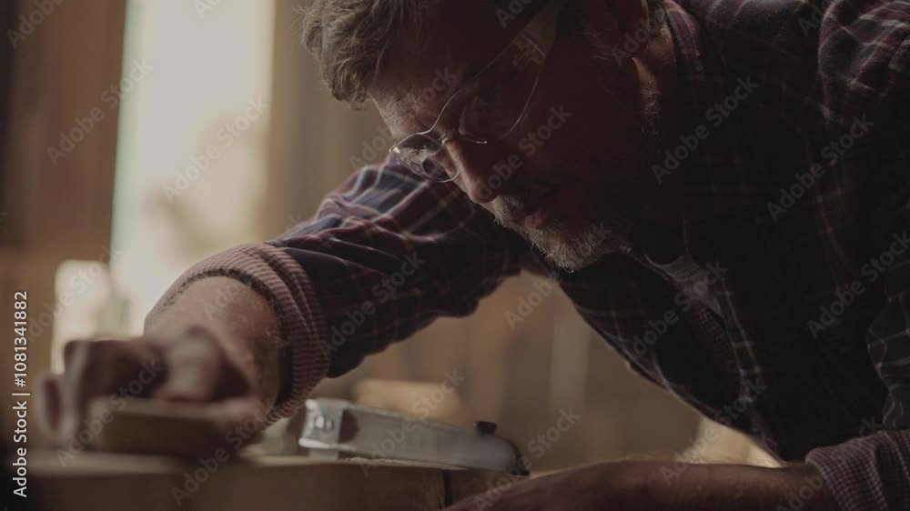 Close-up shot of a carpenter or joiner sanding wooden plank with sanding paper in wood workshop. Shot in slow-motion