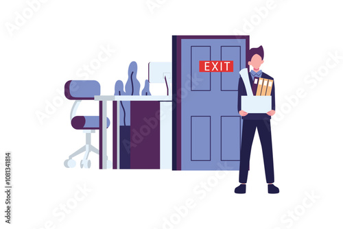 Dismissal, employee replacement. leaving from job, leave office with stuff in box. flat illustration