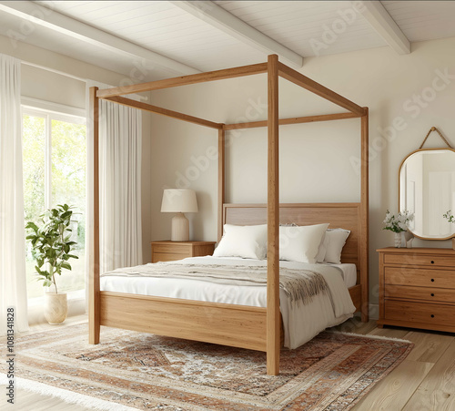 A modern farmhouse bedroom with a solid wood fourposter bed cream walls and a white ceiling A vintage rug covers the floor and a large window at the head of the bed feat photo